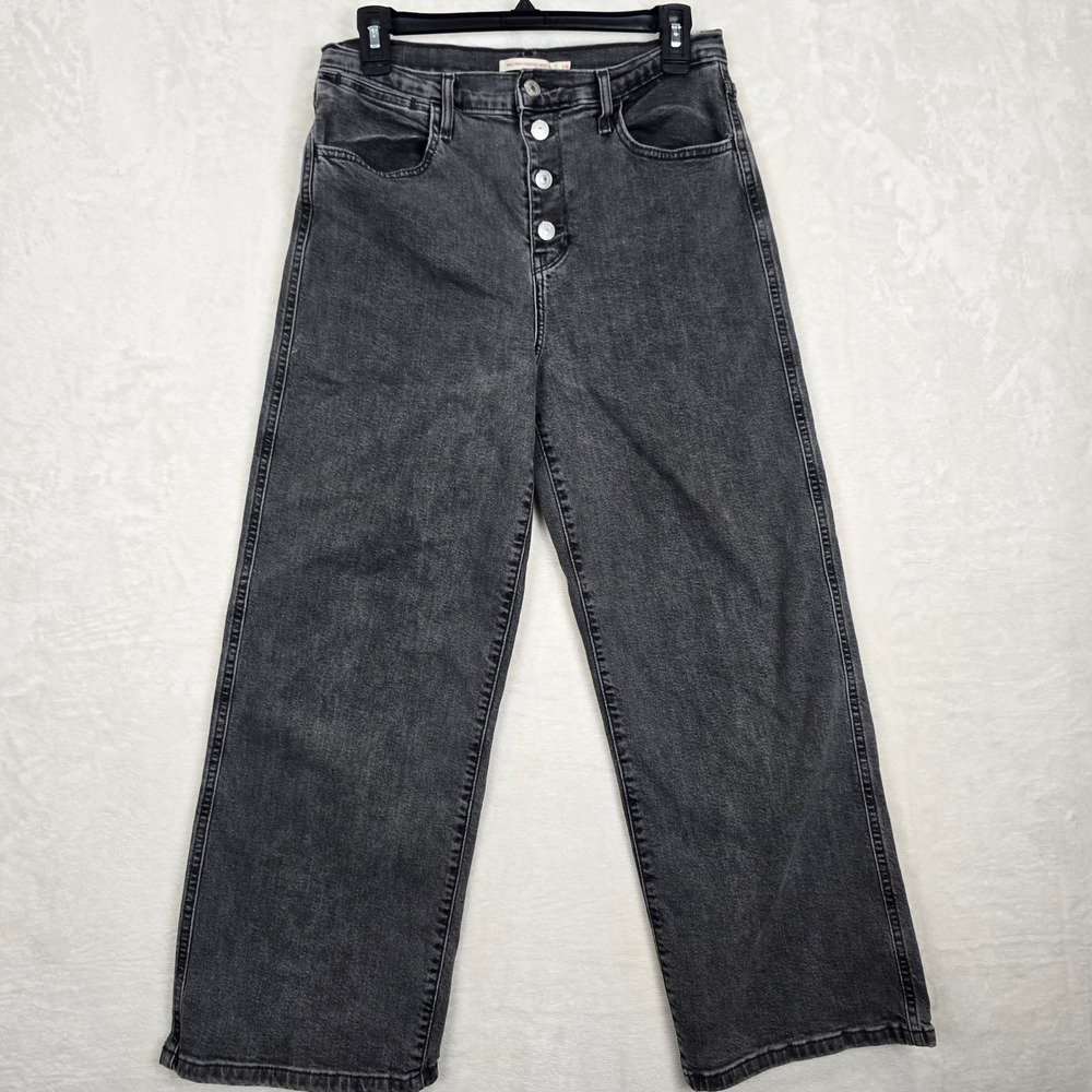 Levis Mile High Cropped Wide Leg Jeans 29 Washed Black Button Fly High Rise